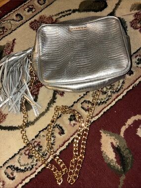 VICTORIA’S SECRET Metallic/Silver Crossbody Bag/Purse w/ Gold Chain and Tassel